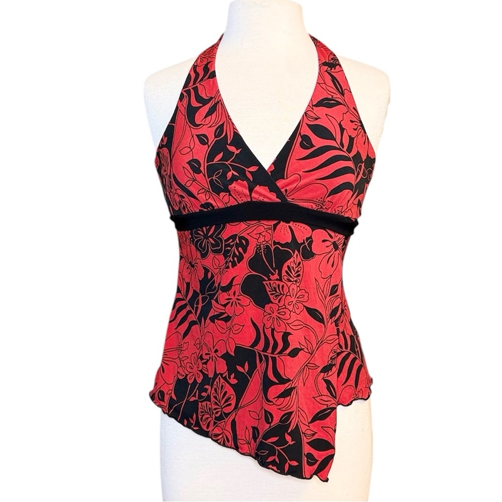 Tempted Y2K Halter Top Sleeveless Red Black Floral Asymmetrical M Medium S Small